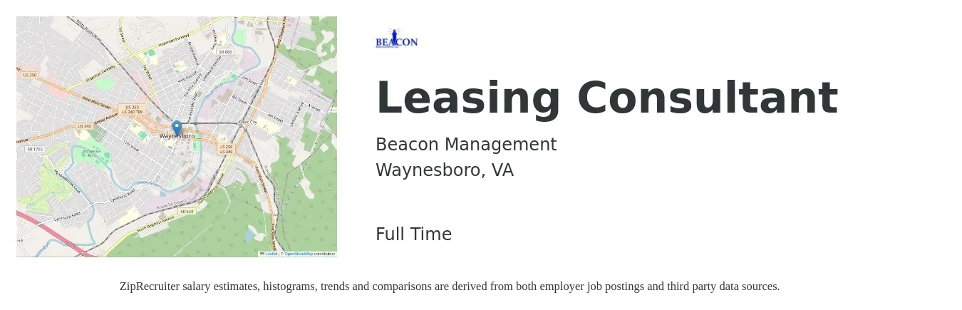 Beacon Management job posting for a Leasing Consultant in Waynesboro, VA with a salary of $16 to $19 Hourly with a map of Waynesboro location.