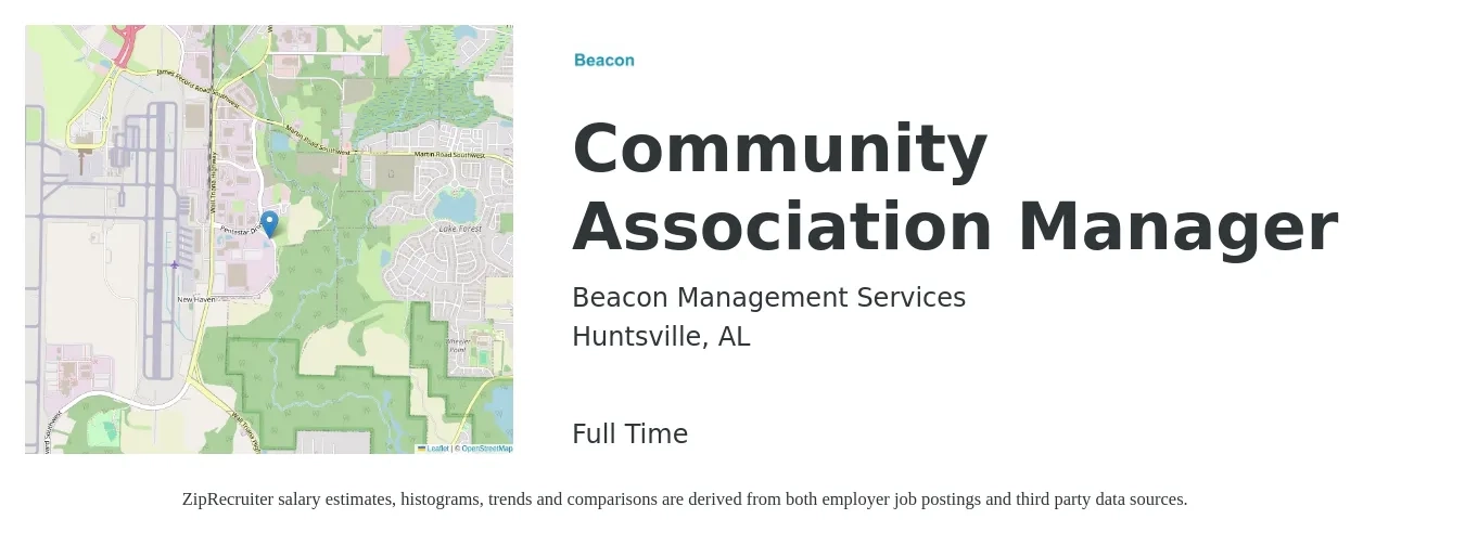 Beacon Management Services job posting for a Community Association Manager in Huntsville, AL with a salary of $54,200 to $68,500 Yearly with a map of Huntsville location.
