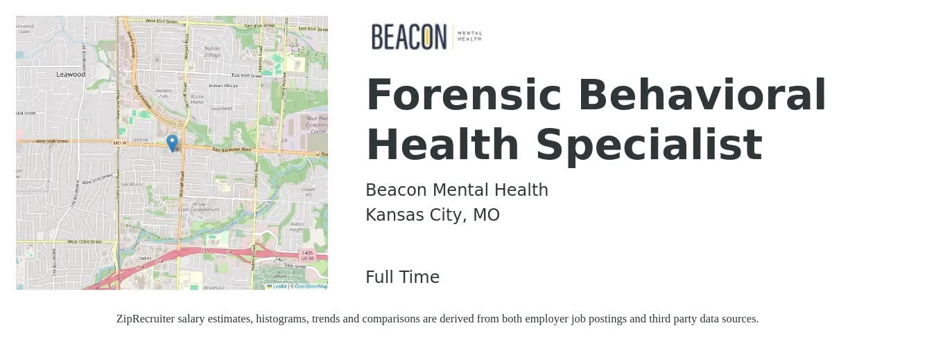 Beacon Mental Health job posting for a Forensic Behavioral Health Specialist in Kansas City, MO with a salary of $49,900 to $63,800 Yearly with a map of Kansas City location.