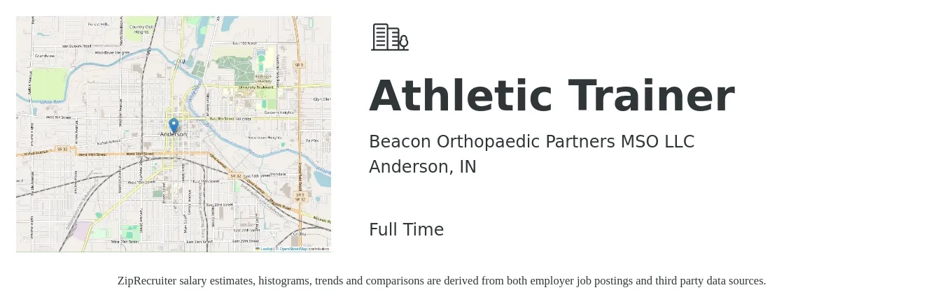 Beacon Orthopaedic Partners MSO LLC job posting for a Athletic Trainer in Anderson, IN with a salary of $18 to $25 Hourly with a map of Anderson location.