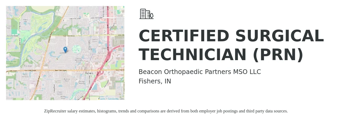 Beacon Orthopaedic Partners MSO LLC job posting for a CERTIFIED SURGICAL TECHNICIAN (PRN) in Fishers, IN with a salary of $29 to $49 Hourly with a map of Fishers location.