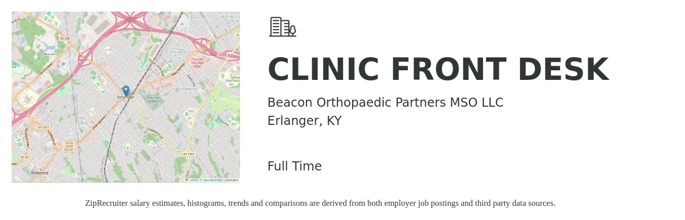 Beacon Orthopaedic Partners MSO LLC job posting for a CLINIC FRONT DESK in Erlanger, KY with a salary of $16 to $19 Hourly with a map of Erlanger location.