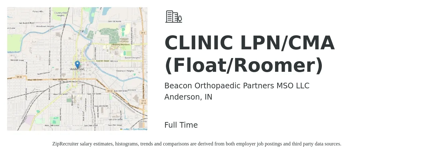 Beacon Orthopaedic Partners MSO LLC job posting for a CLINIC LPN/CMA (Float/Roomer) in Anderson, IN with a salary of $15 to $20 Hourly with a map of Anderson location.
