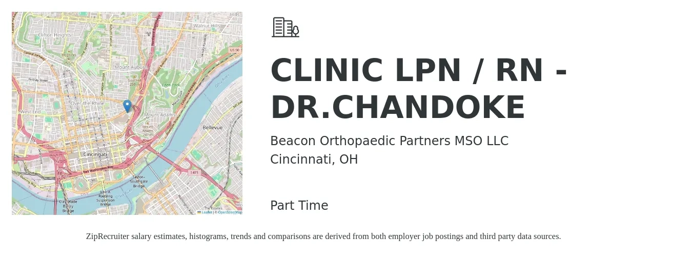 Beacon Orthopaedic Partners MSO LLC job posting for a CLINIC LPN / RN - DR.CHANDOKE in Cincinnati, OH with a salary of $26 to $36 Hourly with a map of Cincinnati location.
