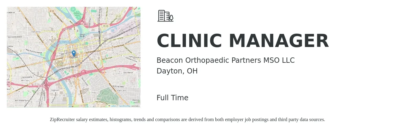 Beacon Orthopaedic Partners MSO LLC job posting for a CLINIC MANAGER in Dayton, OH with a salary of $62,100 to $85,900 Yearly with a map of Dayton location.