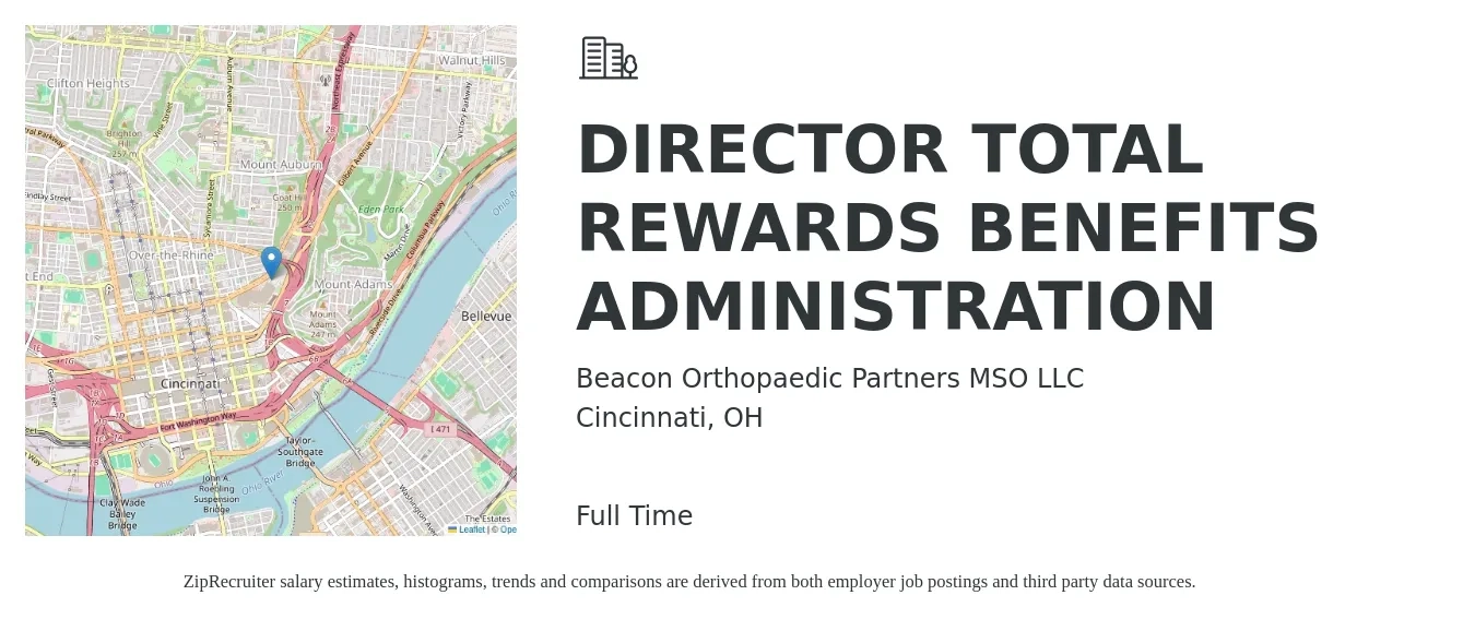 Beacon Orthopaedic Partners MSO LLC job posting for a DIRECTOR TOTAL REWARDS BENEFITS ADMINISTRATION in Cincinnati, OH with a salary of $92,700 to $134,900 Yearly with a map of Cincinnati location.