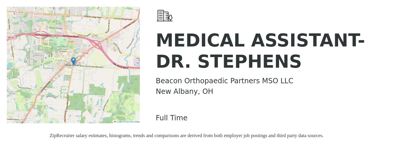 Beacon Orthopaedic Partners MSO LLC job posting for a MEDICAL ASSISTANT-DR. STEPHENS in New Albany, OH with a salary of $17 to $22 Hourly with a map of New Albany location.