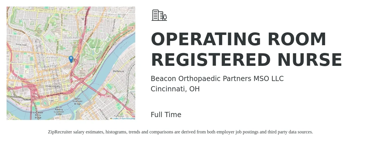 Beacon Orthopaedic Partners MSO LLC job posting for a OPERATING ROOM REGISTERED NURSE in Cincinnati, OH with a salary of $1,940 to $3,020 Weekly with a map of Cincinnati location.