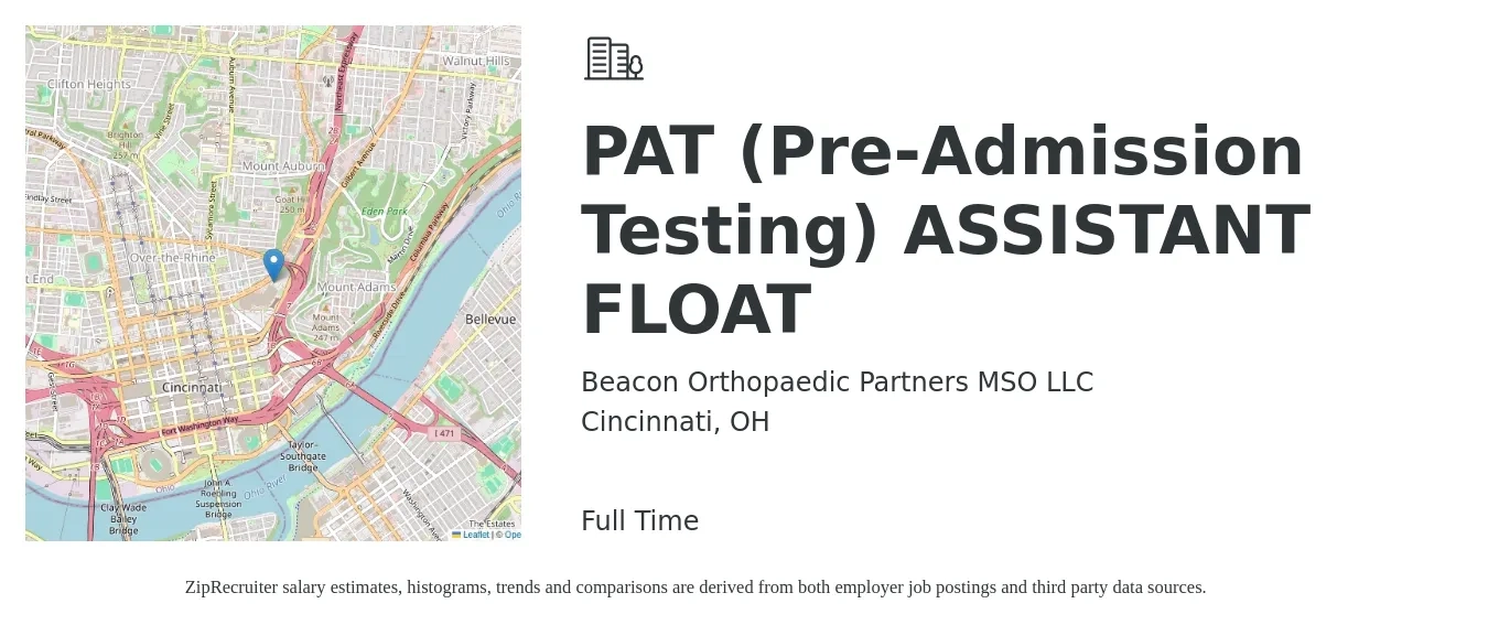 Beacon Orthopaedic Partners MSO LLC job posting for a PAT (Pre-Admission Testing) ASSISTANT FLOAT in Cincinnati, OH with a salary of $17 to $22 Hourly with a map of Cincinnati location.