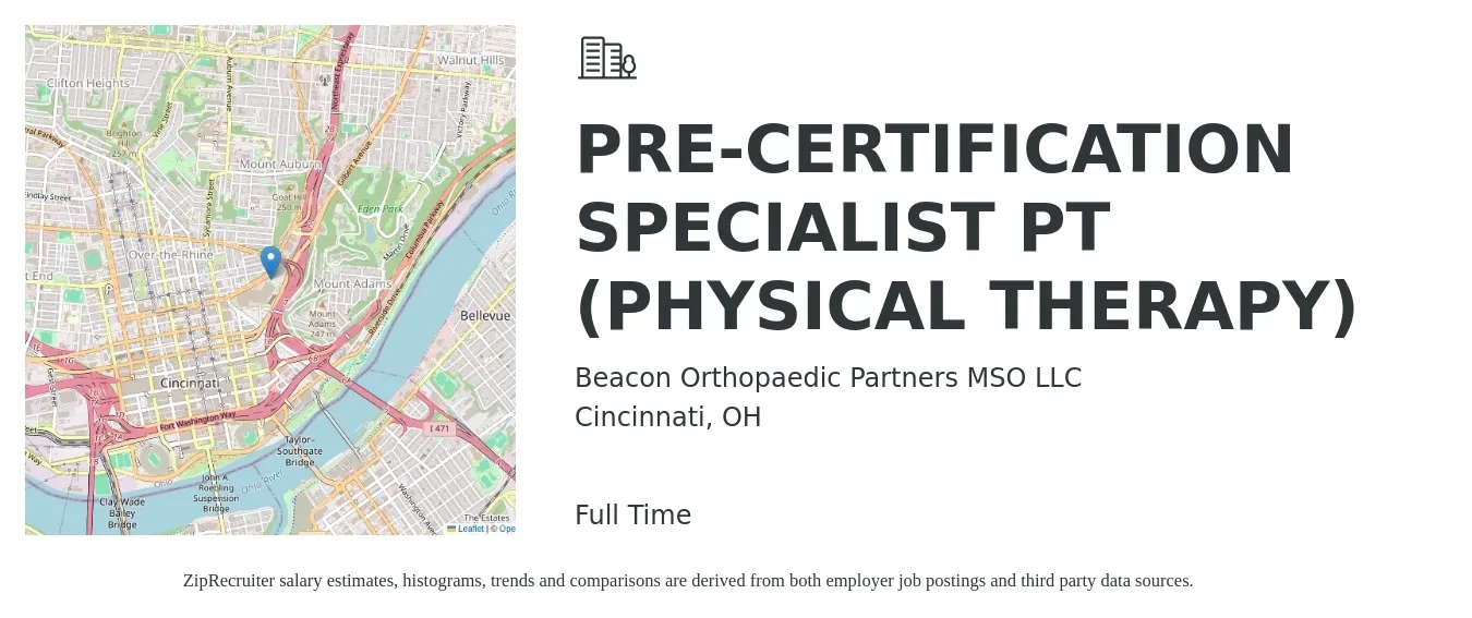 Beacon Orthopaedic Partners MSO LLC job posting for a PRE-CERTIFICATION SPECIALIST PT (PHYSICAL THERAPY) in Cincinnati, OH with a salary of $1,590 to $2,060 Weekly with a map of Cincinnati location.