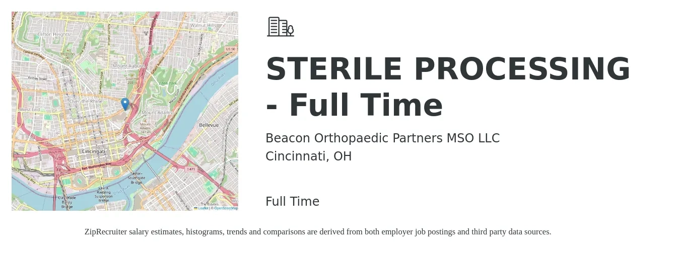 Beacon Orthopaedic Partners MSO LLC job posting for a STERILE PROCESSING - Full Time in Cincinnati, OH with a salary of $20 to $33 Hourly with a map of Cincinnati location.