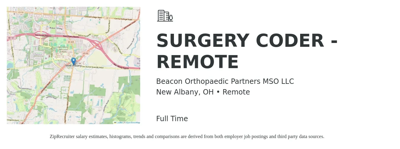 Beacon Orthopaedic Partners MSO LLC job posting for a SURGERY CODER - REMOTE in New Albany, OH with a salary of $18 to $24 Hourly with a map of New Albany location.