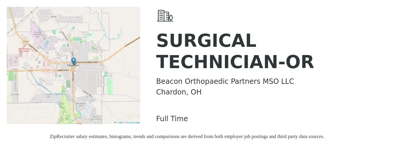 Beacon Orthopaedic Partners MSO LLC job posting for a SURGICAL TECHNICIAN-OR in Chardon, OH with a salary of $1,210 to $1,810 Weekly with a map of Chardon location.