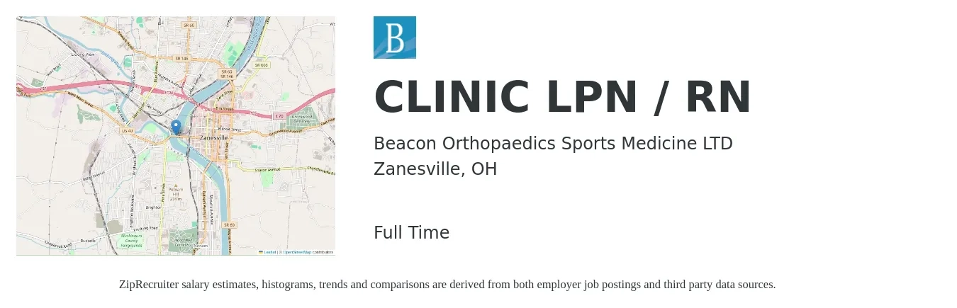 Beacon Orthopaedics Sports Medicine LTD job posting for a CLINIC LPN / RN in Zanesville, OH with a salary of $25 to $34 Hourly with a map of Zanesville location.