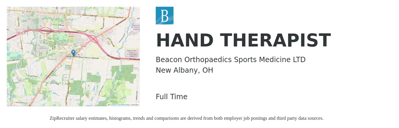 Beacon Orthopaedics Sports Medicine LTD job posting for a HAND THERAPIST in New Albany, OH with a salary of $48,000 to $84,100 Yearly with a map of New Albany location.