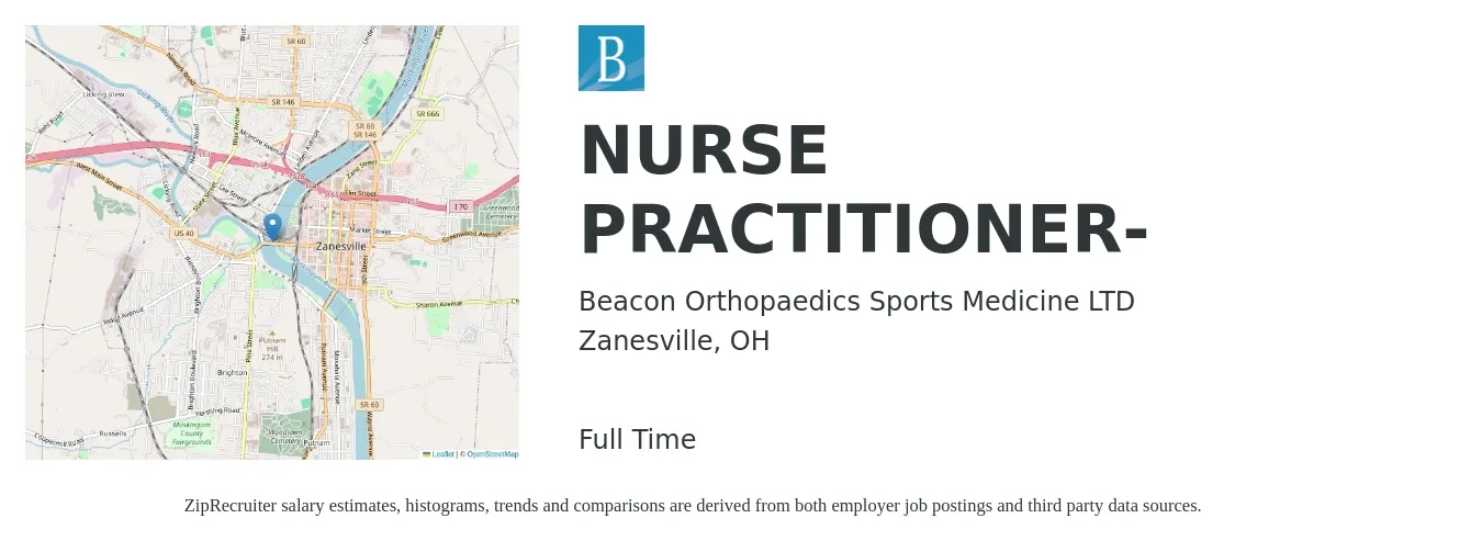 Beacon Orthopaedics Sports Medicine LTD job posting for a NURSE PRACTITIONER- in Zanesville, OH with a salary of $100,100 to $139,000 Yearly with a map of Zanesville location.