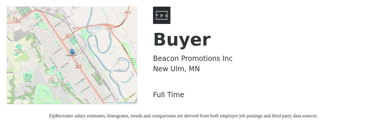 Beacon Promotions Inc job posting for a Buyer in New Ulm, MN with a salary of $56,300 to $80,800 Yearly with a map of New Ulm location.