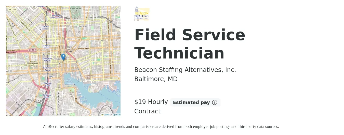 Beacon Staffing Alternatives, Inc. job posting for a Field Service Technician in Baltimore, MD with a salary of $20 Hourly with a map of Baltimore location.