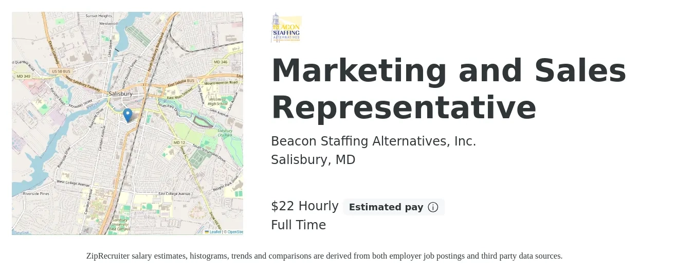 Beacon Staffing Alternatives, Inc. job posting for a Marketing and Sales Representative in Salisbury, MD with a salary of $23 Hourly with a map of Salisbury location.
