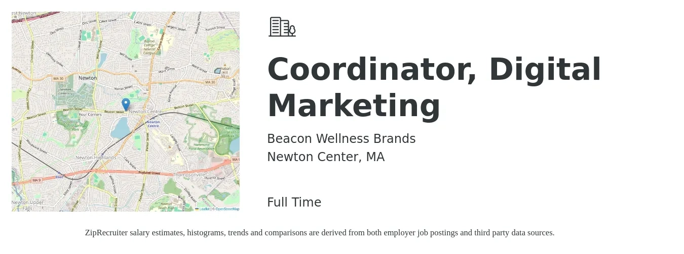 Beacon Wellness Brands job posting for a Coordinator, Digital Marketing in Newton Center, MA with a salary of $49,000 to $64,400 Yearly with a map of Newton Center location.
