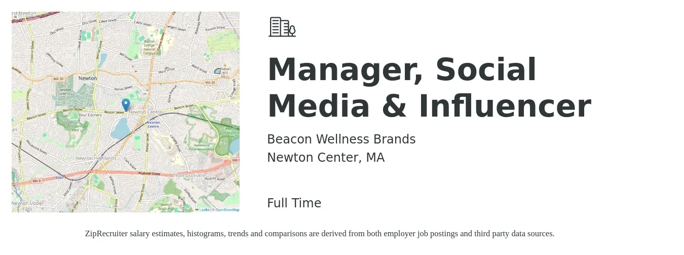 Beacon Wellness Brands job posting for a Manager, Social Media & Influencer in Newton Center, MA with a salary of $52,300 to $84,300 Yearly with a map of Newton Center location.