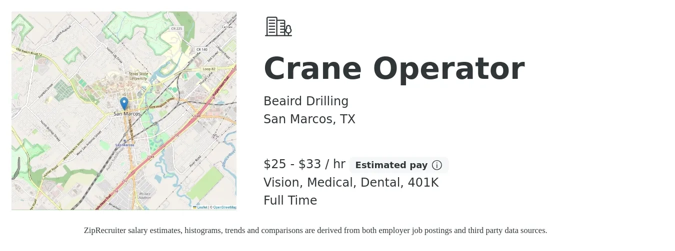 Beaird Drilling job posting for a Crane Operator in San Marcos, TX with a salary of $27 to $35 Hourly and benefits including 401k, dental, life_insurance, medical, and vision with a map of San Marcos location.