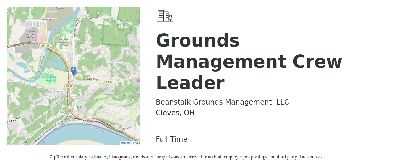 Beanstalk Grounds Management, LLC job posting for a Grounds Management Crew Leader in Cleves, OH with a salary of $22 to $25 Hourly with a map of Cleves location.