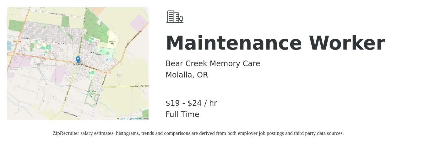 Bear Creek Memory Care job posting for a Maintenance Worker in Molalla, OR with a salary of $20 to $25 Hourly with a map of Molalla location.
