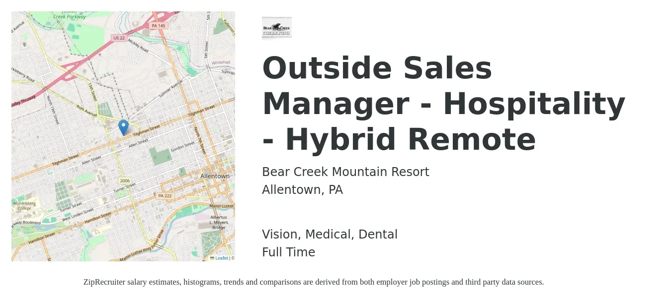 Bear Creek Mountain Resort job posting for a Outside Sales Manager - Hospitality - Hybrid Remote in Allentown, PA with a salary of $75,000 to $120,900 Yearly and benefits including vision, dental, life_insurance, medical, pto, and retirement with a map of Allentown location.