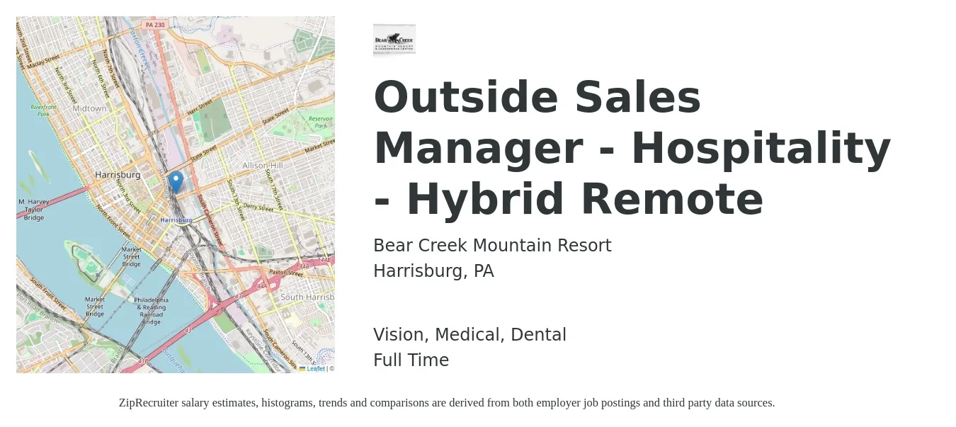 Bear Creek Mountain Resort job posting for a Outside Sales Manager - Hospitality - Hybrid Remote in Harrisburg, PA with a salary of $75,000 to $120,900 Yearly and benefits including pto, retirement, vision, dental, life_insurance, and medical with a map of Harrisburg location.