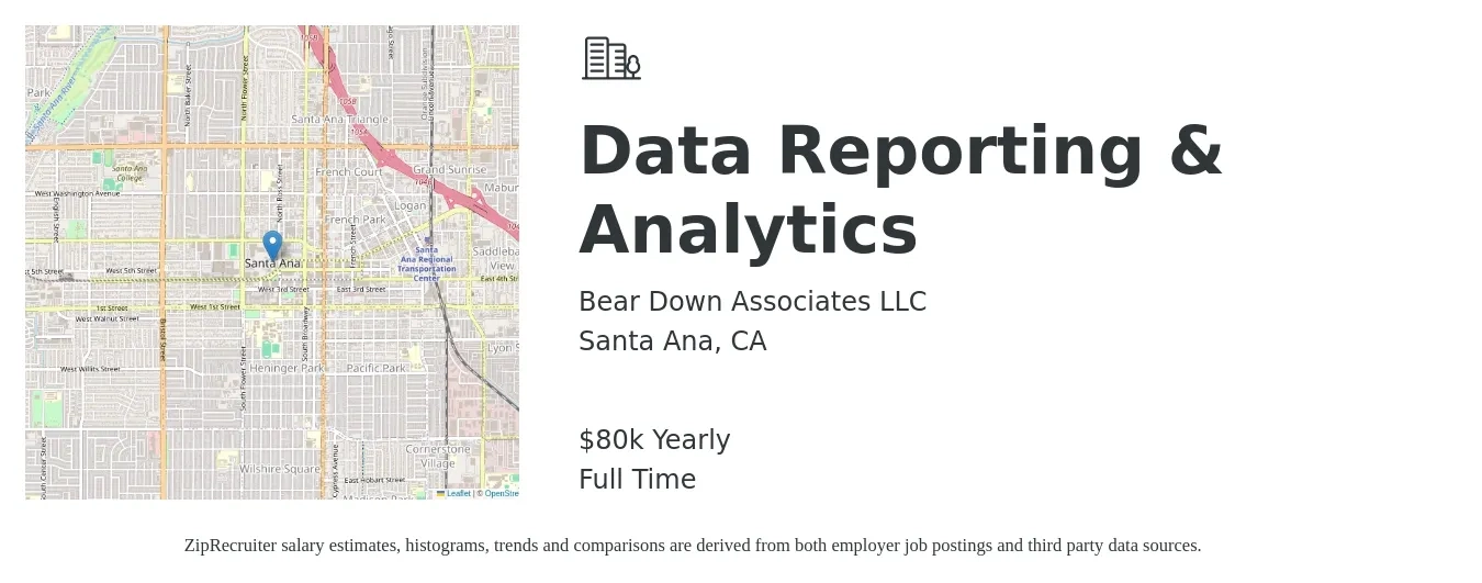 Bear Down Associates LLC job posting for a Data Reporting & Analytics in Santa Ana, CA with a salary of $80,000 Yearly with a map of Santa Ana location.