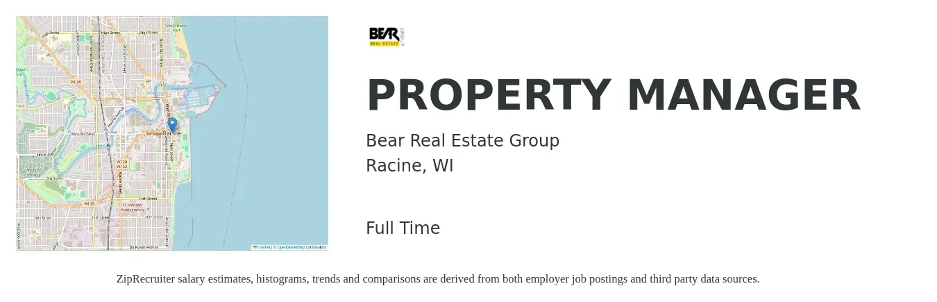Bear Real Estate Group job posting for a PROPERTY MANAGER in Racine, WI with a salary of $41,300 to $63,800 Yearly with a map of Racine location.