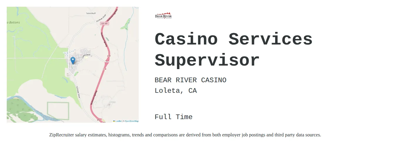 BEAR RIVER CASINO job posting for a Casino Services Supervisor in Loleta, CA with a salary of $37,300 to $97,500 Annually with a map of Loleta location.