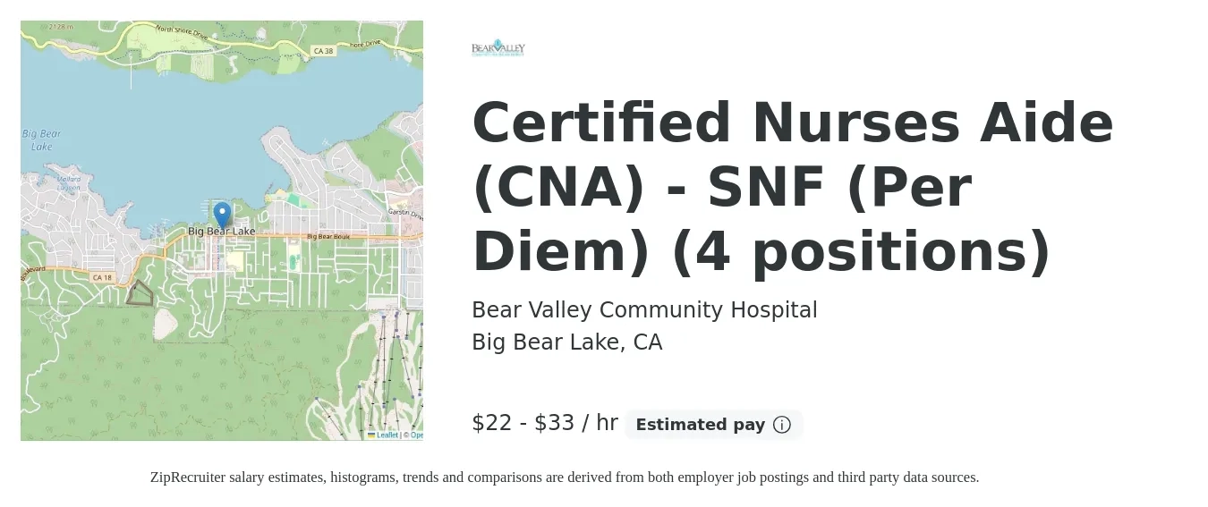 Bear Valley Community Hospital job posting for a Certified Nurses Aide (CNA) - SNF (Per Diem) (4 positions) in Big Bear Lake, CA with a salary of $23 to $35 Hourly with a map of Big Bear Lake location.