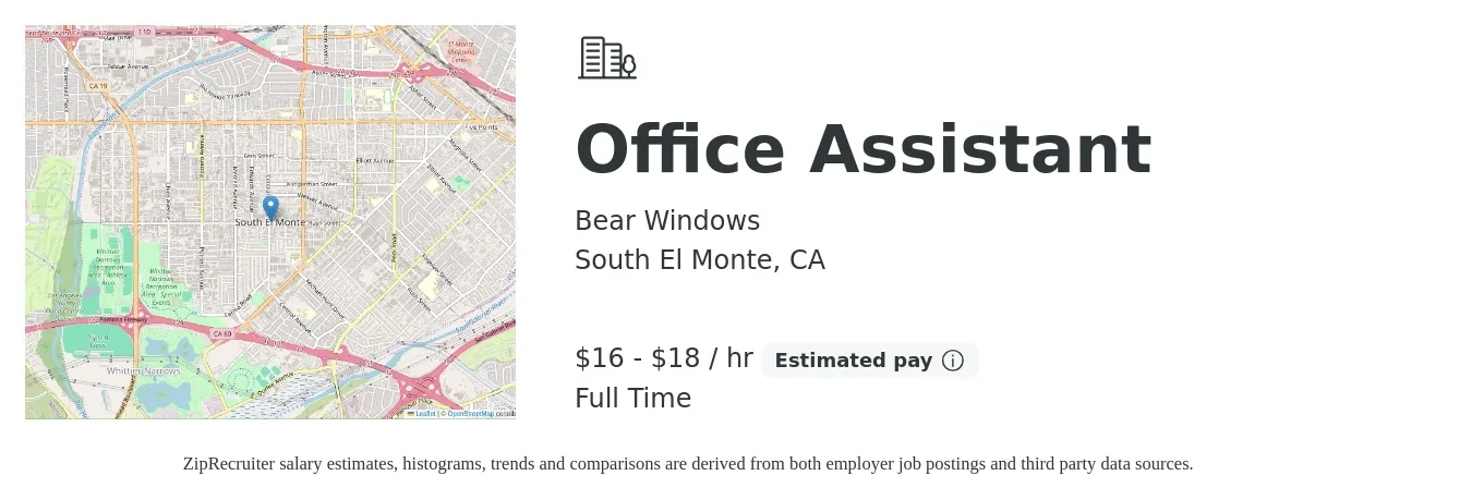 Bear Windows job posting for a Office Assistant in South El Monte, CA with a salary of $17 to $19 Hourly and benefits including pto, and retirement with a map of South El Monte location.