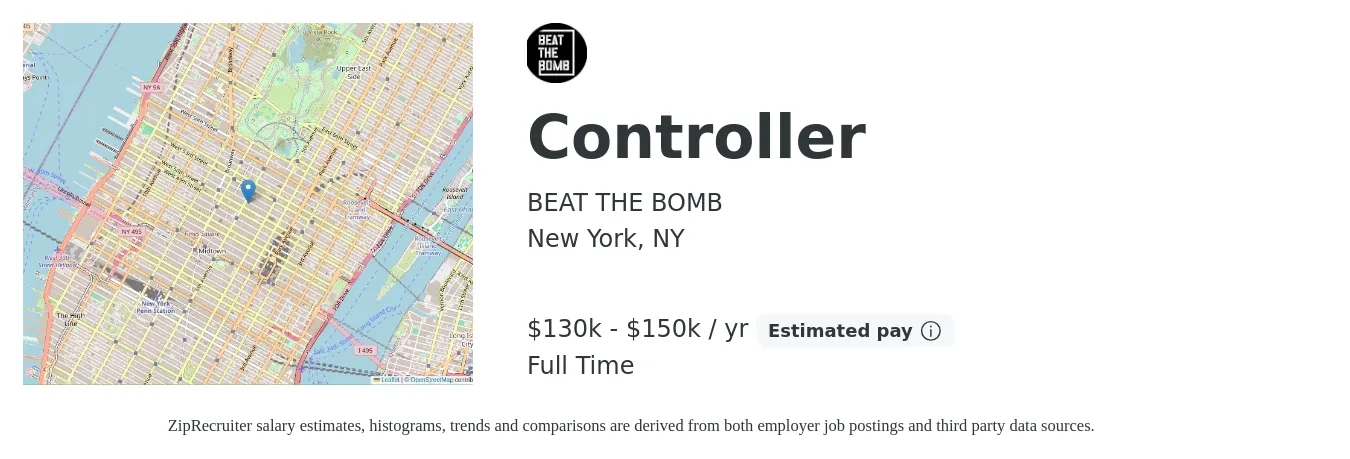 BEAT THE BOMB job posting for a Controller in New York, NY with a salary of $130,000 to $150,000 Yearly with a map of New York location.