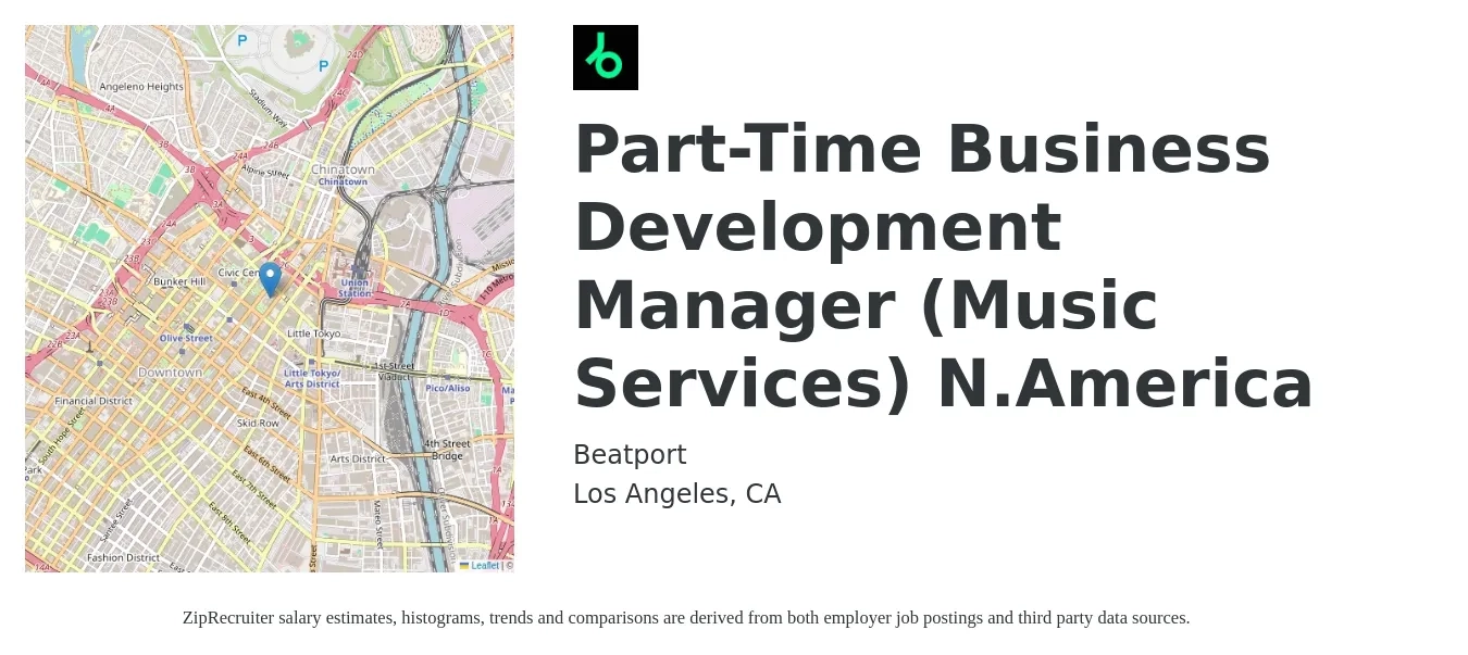 Beatport job posting for a Part-Time Business Development Manager (Music Services) N.America in Los Angeles, CA with a salary of $50,000 to $70,000 Yearly with a map of Los Angeles location.