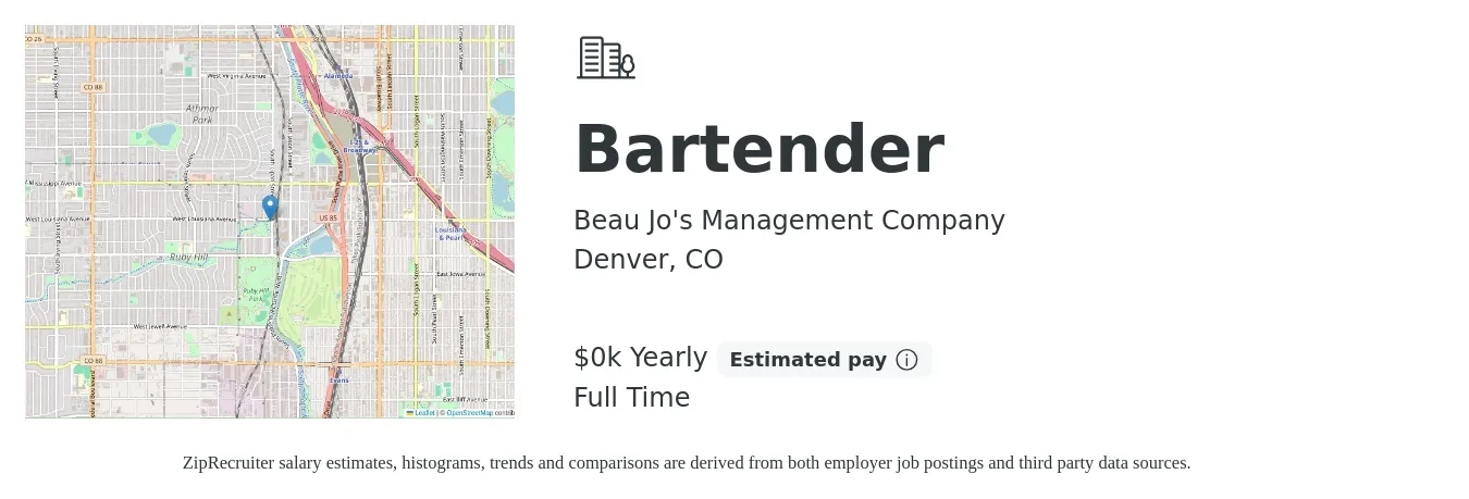 Beau Jo's Management Company job posting for a Bartender in Denver, CO with a salary of $10 to $19 Hourly with a map of Denver location.