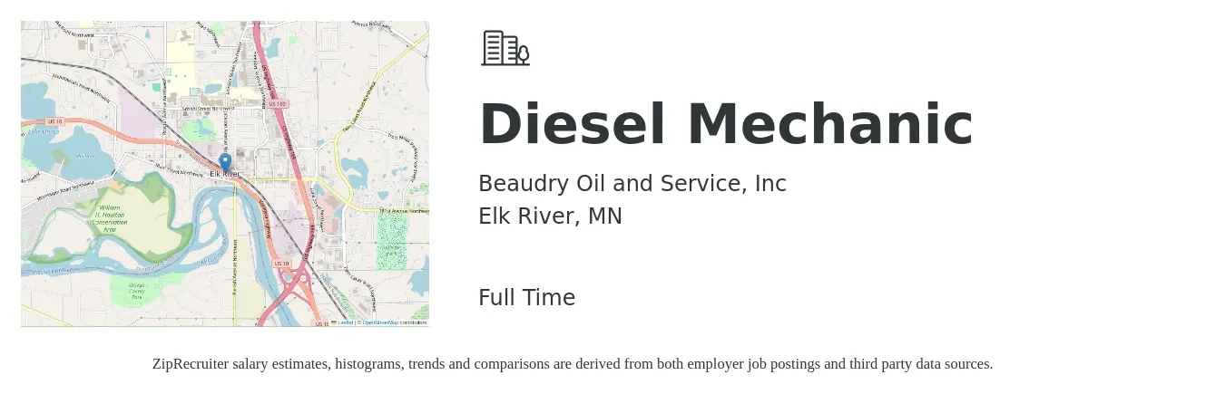 Beaudry Oil and Service, Inc job posting for a Diesel Mechanic in Elk River, MN with a salary of $26 to $35 Hourly with a map of Elk River location.