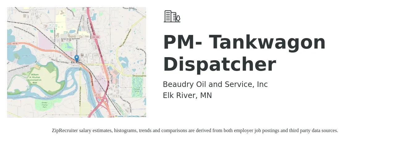 Beaudry Oil and Service, Inc job posting for a PM- Tankwagon Dispatcher in Elk River, MN with a salary of $50,000 to $65,000 Yearly with a map of Elk River location.