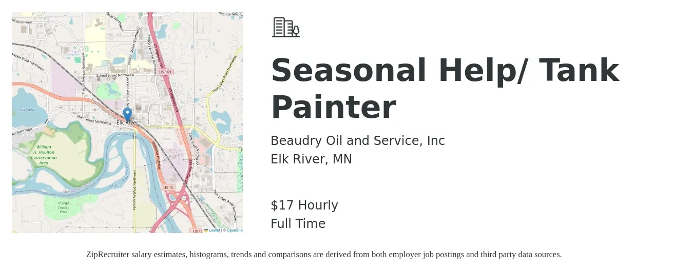 Beaudry Oil and Service, Inc job posting for a Seasonal Help/ Tank Painter in Elk River, MN with a salary of $18 Hourly with a map of Elk River location.