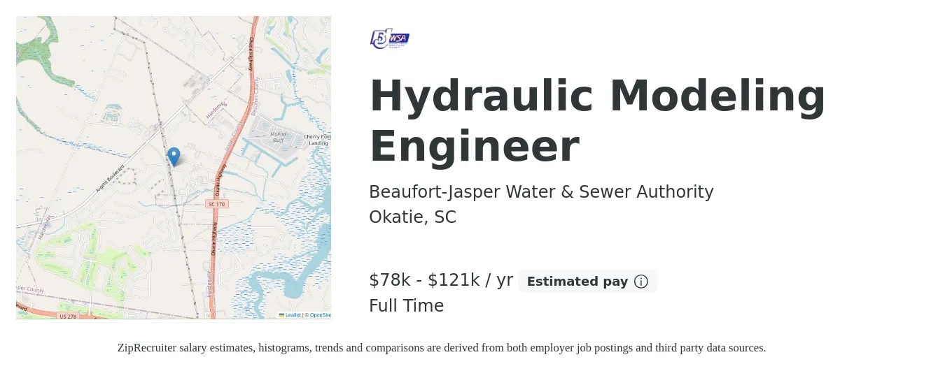 Beaufort-Jasper Water & Sewer Authority job posting for a Hydraulic Modeling Engineer in Okatie, SC with a salary of $78,374 to $121,472 Yearly with a map of Okatie location.