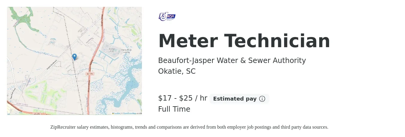 Beaufort-Jasper Water & Sewer Authority job posting for a Meter Technician in Okatie, SC with a salary of $19 to $27 Hourly with a map of Okatie location.