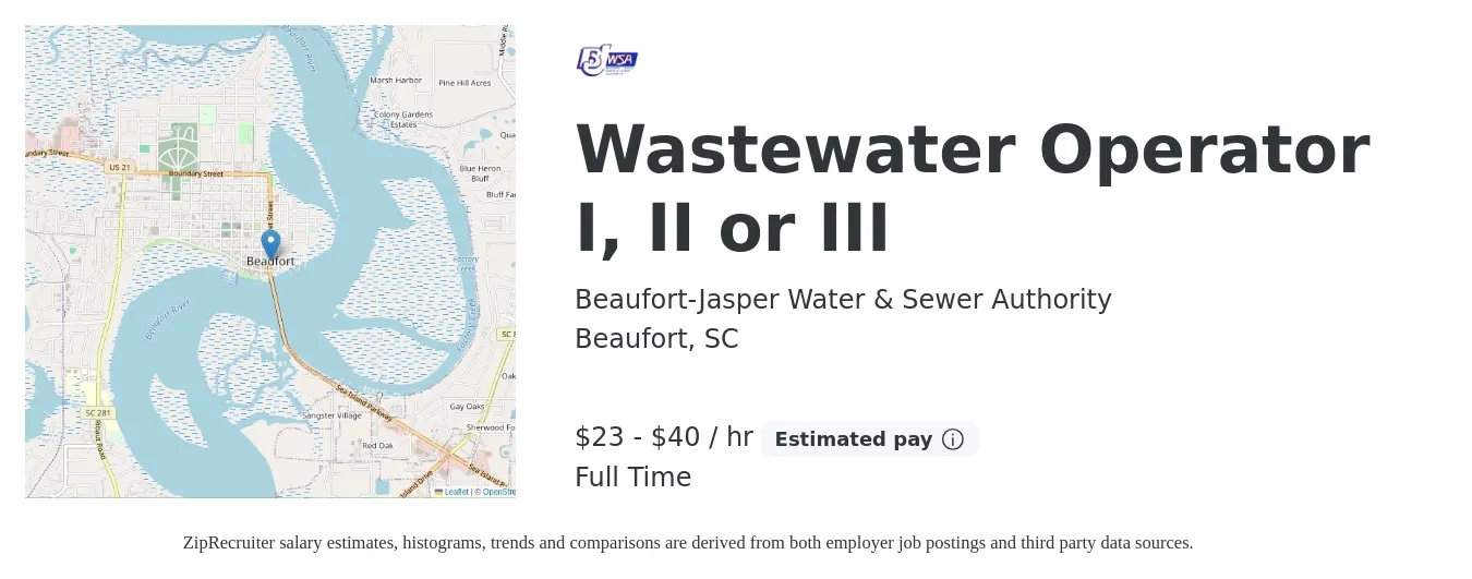 Beaufort-Jasper Water & Sewer Authority job posting for a Wastewater Operator I, II or III in Beaufort, SC with a salary of $24 to $42 Hourly with a map of Beaufort location.