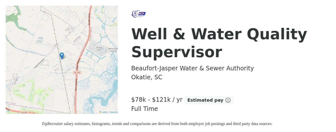 Beaufort-Jasper Water & Sewer Authority job posting for a Well & Water Quality Supervisor in Okatie, SC with a salary of $78,374 to $121,472 Yearly with a map of Okatie location.