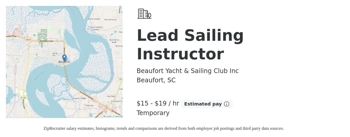 Beaufort Yacht & Sailing Club Inc job posting for a Lead Sailing Instructor in Beaufort, SC with a salary of $16 to $20 Hourly with a map of Beaufort location.