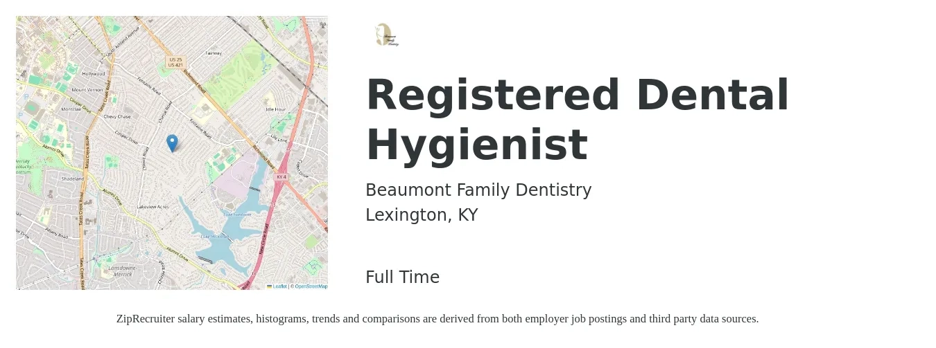 Beaumont Family Dentistry job posting for a Registered Dental Hygienist in Lexington, KY with a salary of $40 to $50 Hourly with a map of Lexington location.