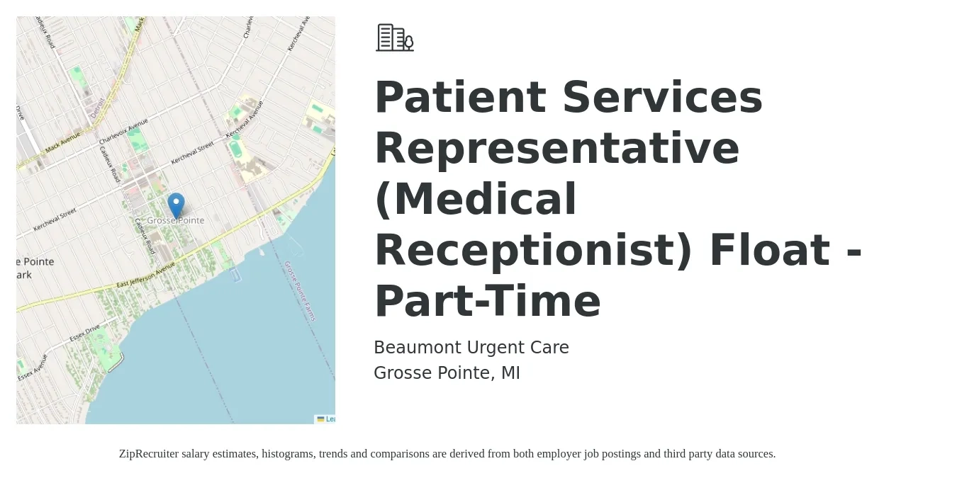 Beaumont Urgent Care job posting for a Patient Services Representative (Medical Receptionist) Float - Part-Time in Grosse Pointe, MI with a salary of $16 to $19 Hourly with a map of Grosse Pointe location.