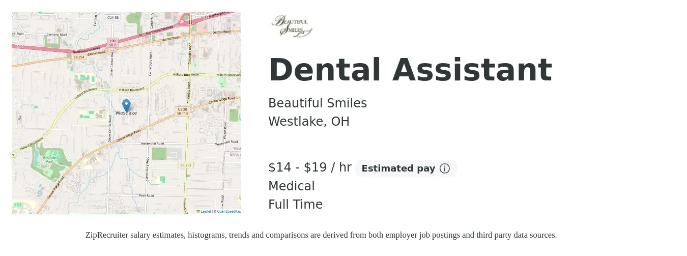 Beautiful Smiles job posting for a Dental Assistant in Westlake, OH with a salary of $15 to $20 Hourly and benefits including medical, and retirement with a map of Westlake location.