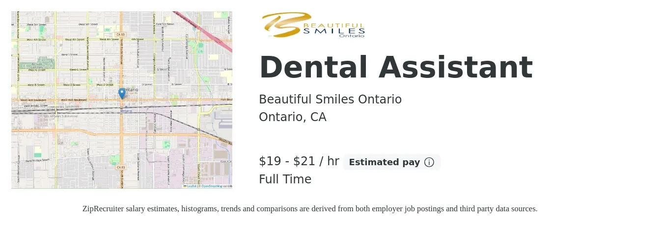 Beautiful Smiles Ontario job posting for a Dental Assistant in Ontario, CA with a salary of $20 to $22 Hourly and benefits including pto with a map of Ontario location.